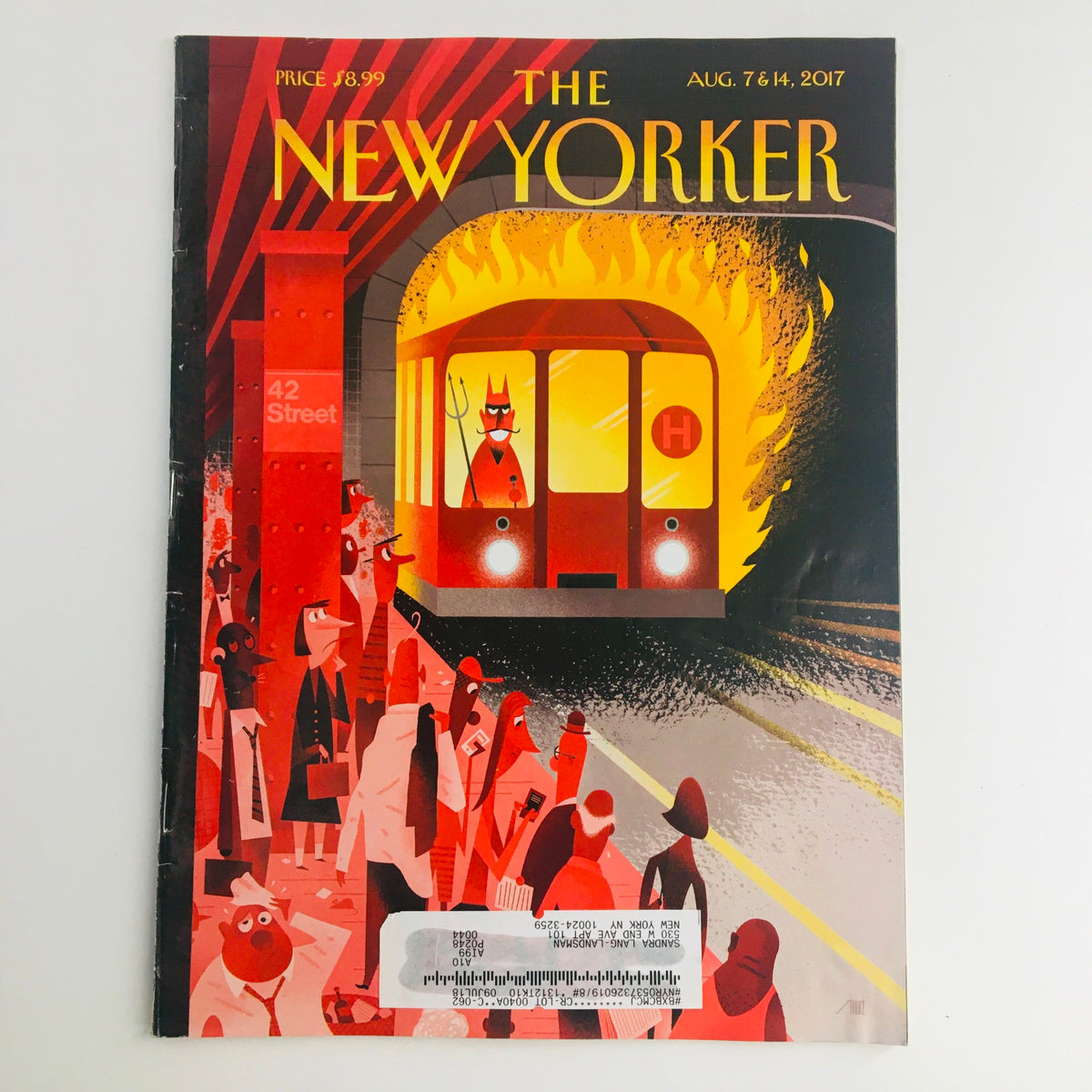 The New Yorker August 7 2017 Full Magazine Theme Cover by Bob Staake featuring vibrant artwork of a train in flames and passengers waiting at a station.