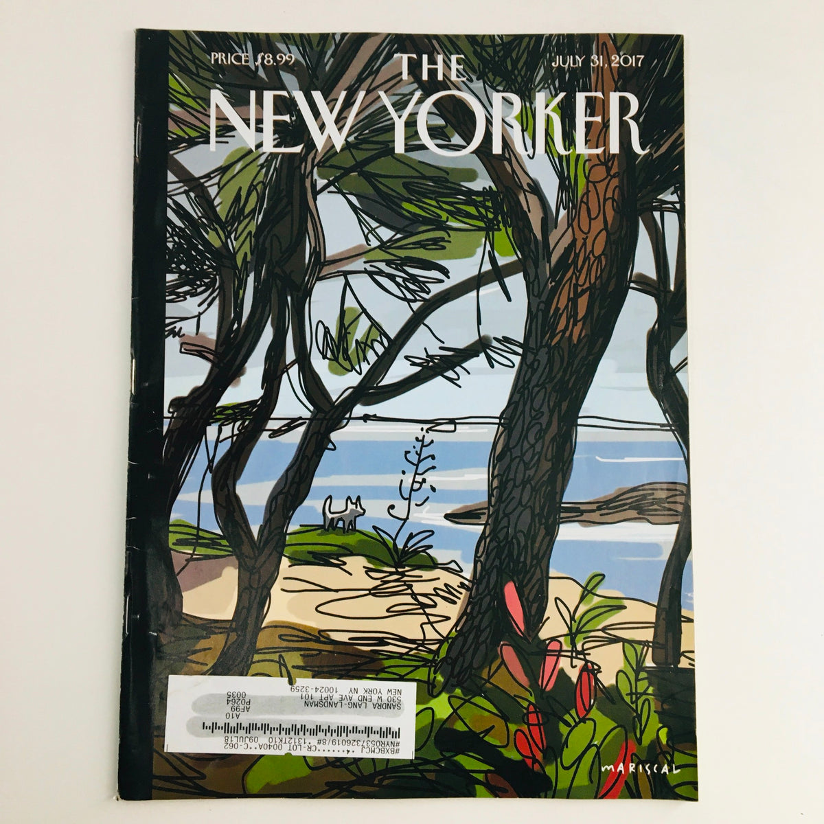 The New Yorker July 31 2017 Full Magazine Cover by Javier Mariscal featuring vibrant artwork of a beach scene with trees and floral elements.