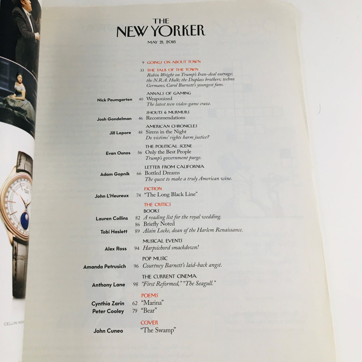 Table of contents from The New Yorker May 21, 2018 issue, listing articles and contributors, including John Cuneo's cover titled "The Swamp".
