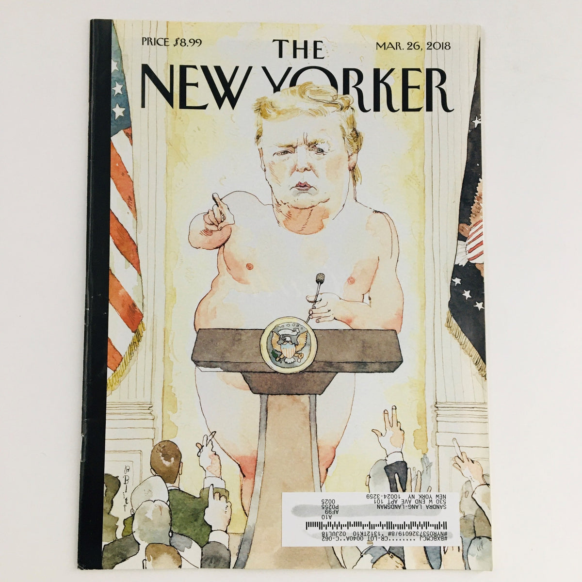 The New Yorker Magazine March 26 2018 Donald Trump Cover by Barry Blitt featuring a caricature of Trump delivering a speech, surrounded by cheering crowd with the American flag in the background.