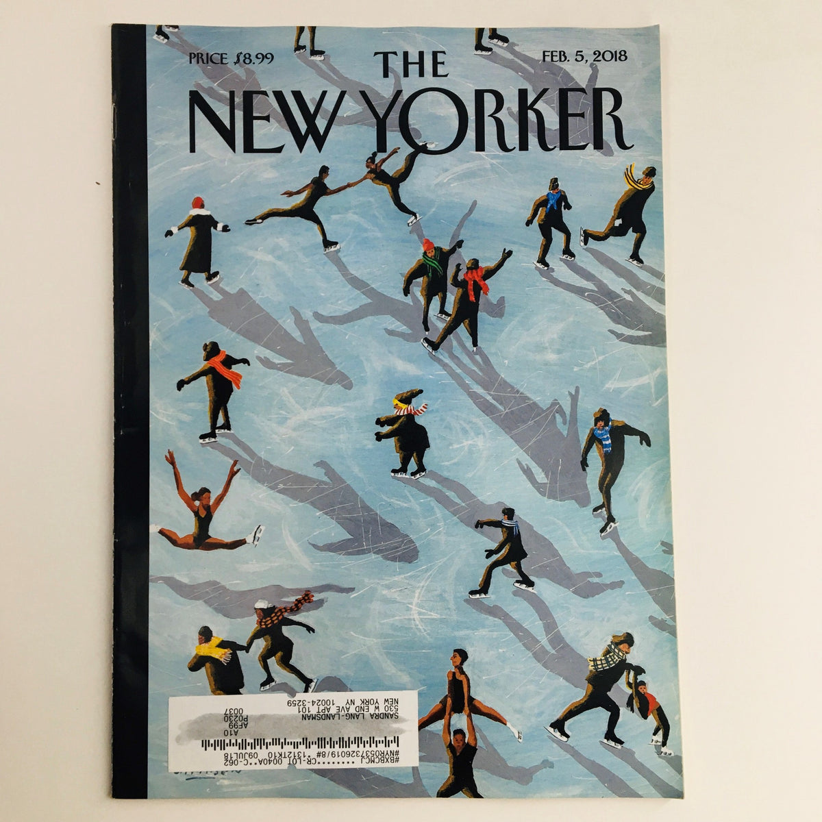Cover of The New Yorker magazine from February 5, 2018, featuring a theme illustration by Mark Ulriksen showcasing ice skaters on a frozen lake.