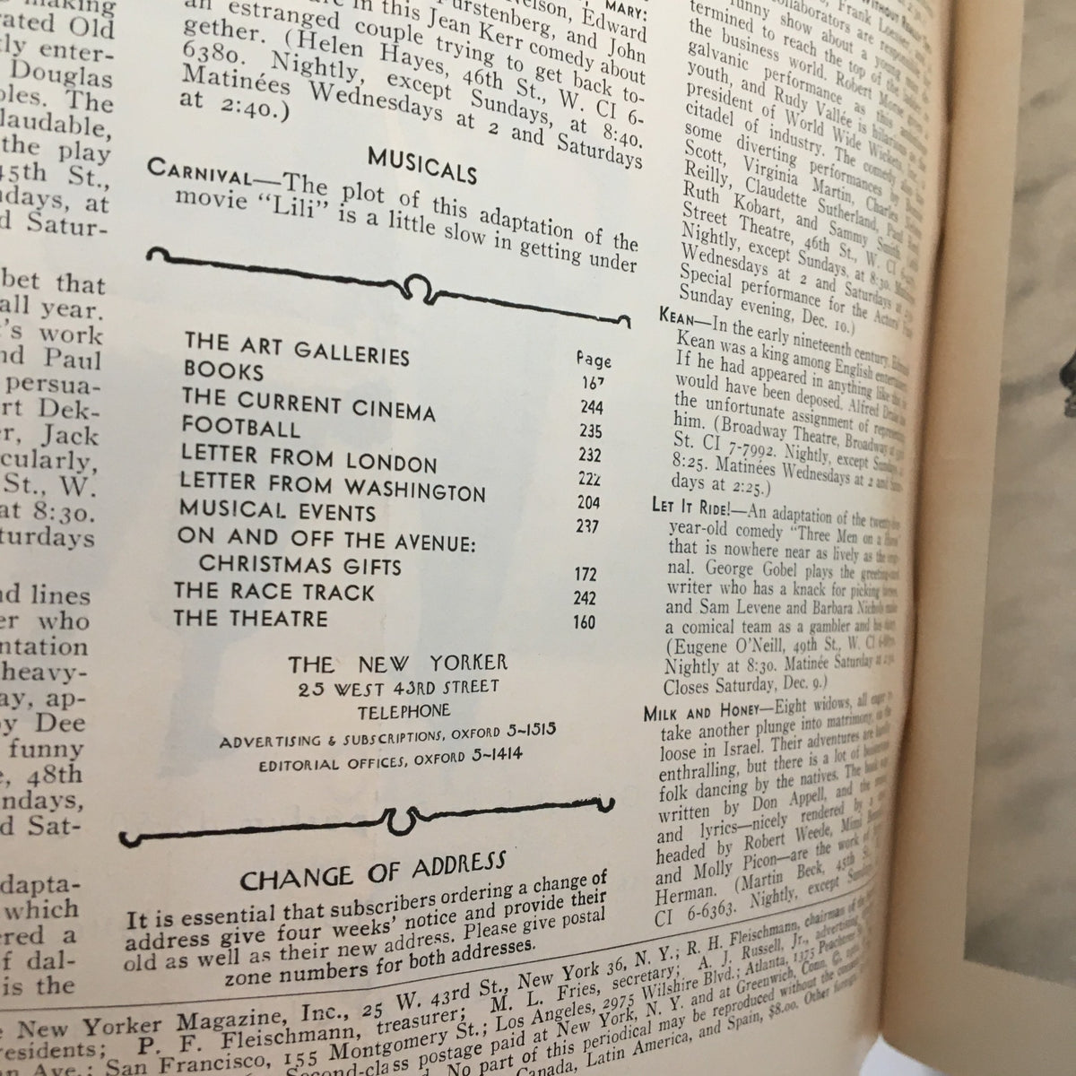 Inside page of The New Yorker magazine from December 9, 1961, displaying table of contents including articles on arts and musicals, preserving the vintage feel of the publication.