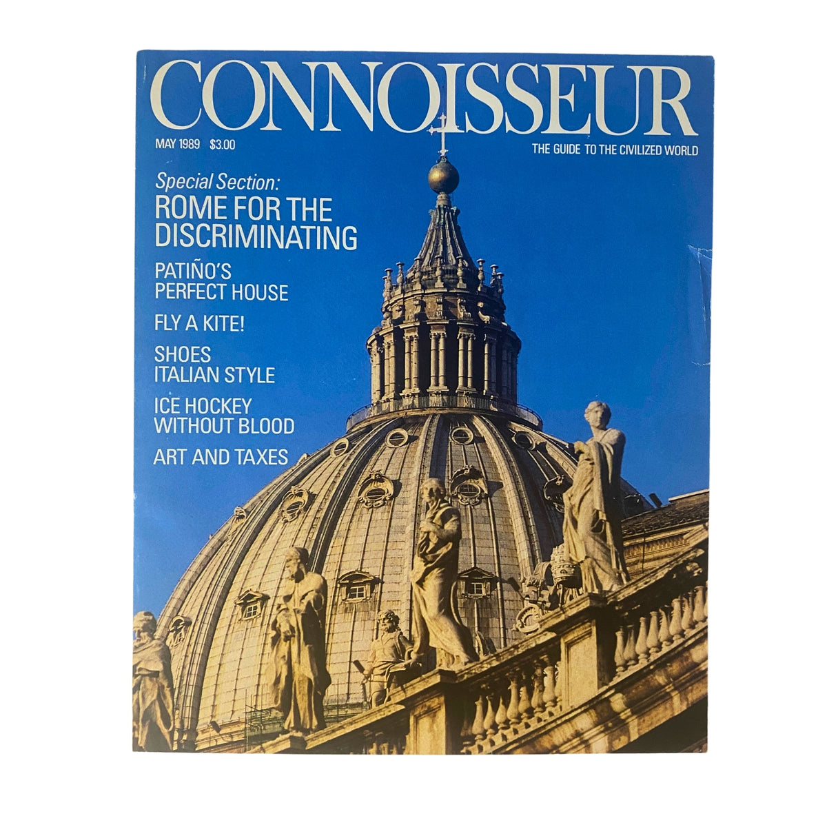 Cover of Connoisseur Magazine May 1989 featuring the dome of St. Peter’s Basilica, highlighting 'Rome for the Discriminating' with articles on luxury lifestyle.