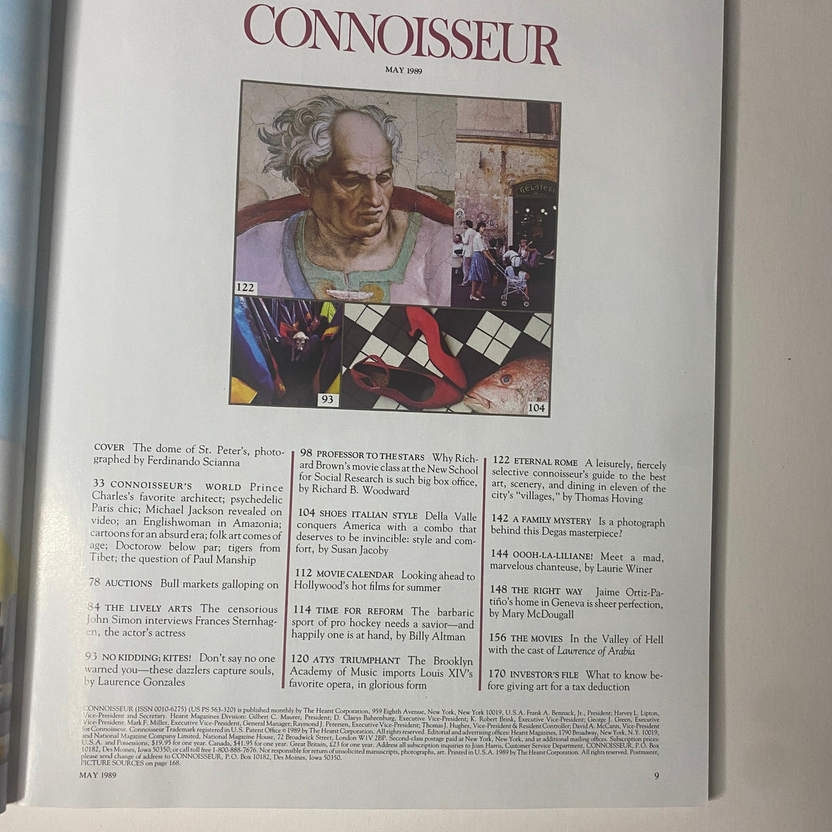 Connoisseur Magazine May 1989, featuring an article overview with topics on Prince Charles's favorite architect and various cultural highlights, including the exquisite dome of St. Peter’s Basilica on the cover.