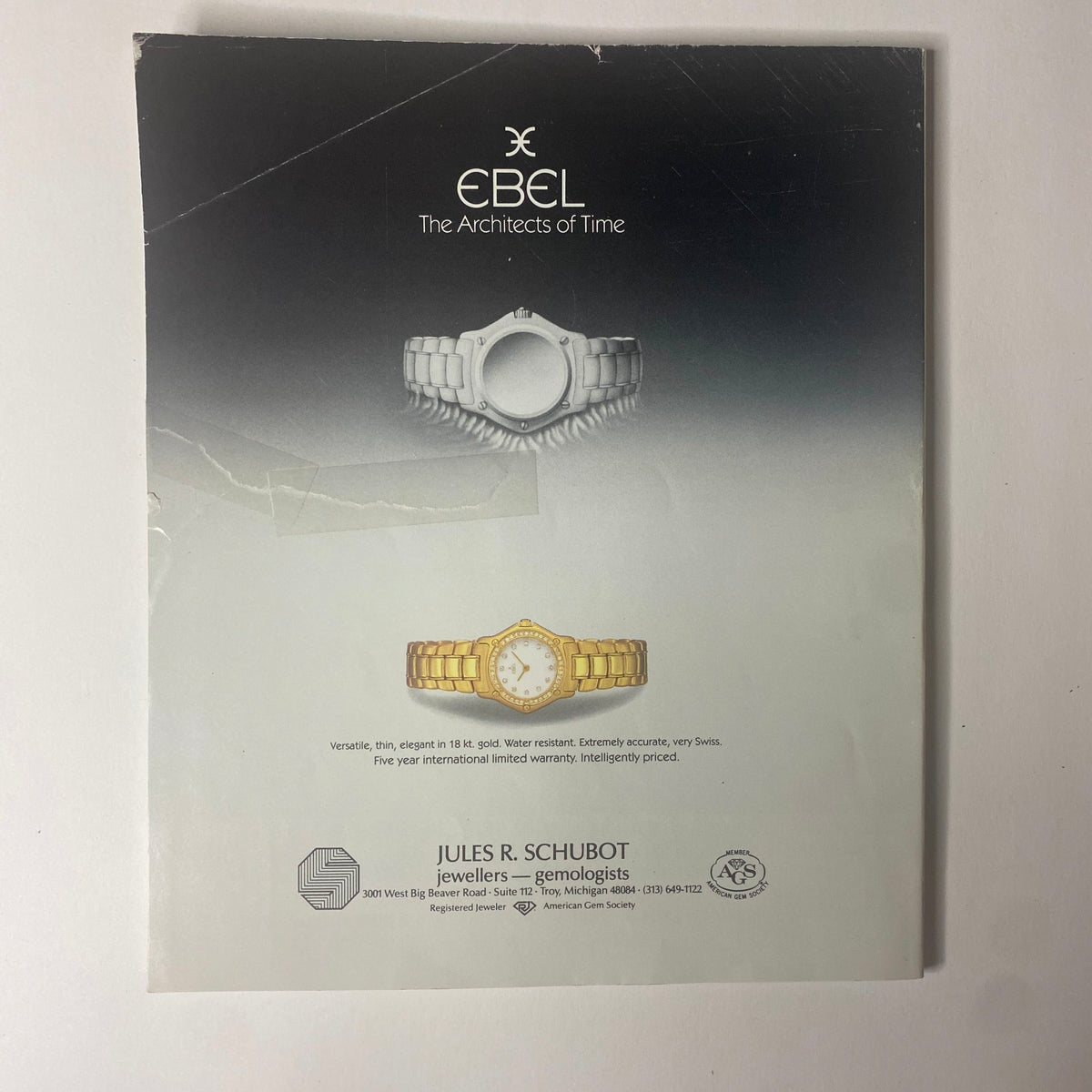 Connoisseur Magazine May 1989, displaying an advertisement for Ebel watches, highlighting fine Swiss watchmaking with elegant timepieces in gold and silver.