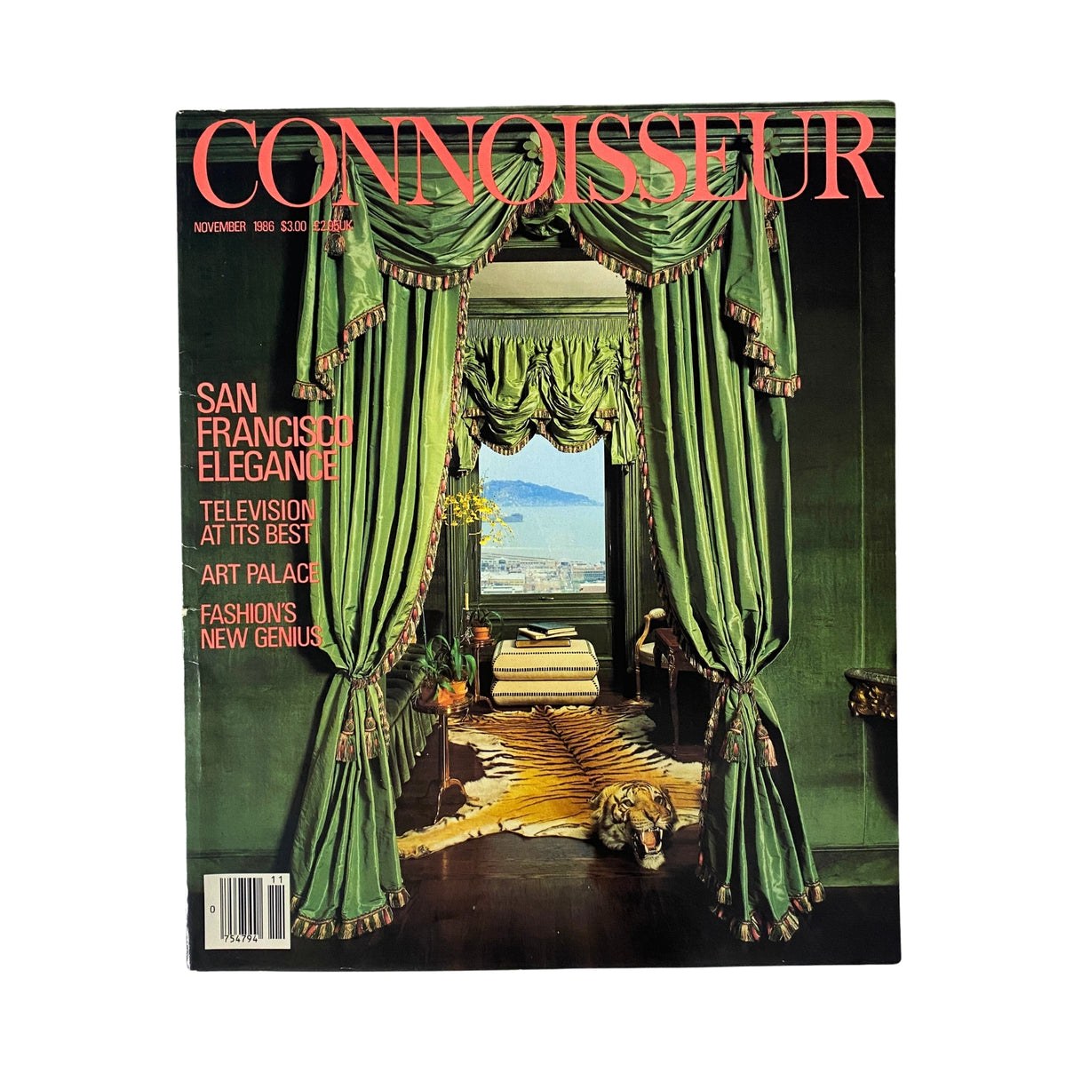 Cover of Connoisseur Magazine November 1986 featuring the title 'San Francisco Elegance' with an elegant interior design scene including green curtains, a tiger rug, and a view of San Francisco. Photography by Peter Maass.
