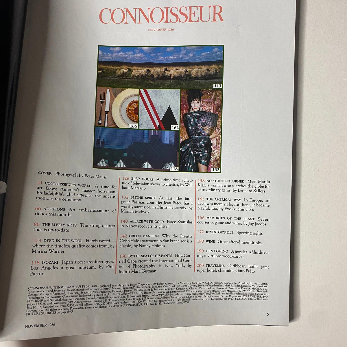 Inside page of Connoisseur Magazine November 1986 listing articles, including features on art, fashion, and culinary highlights, showcasing a table of contents format with images alongside text.