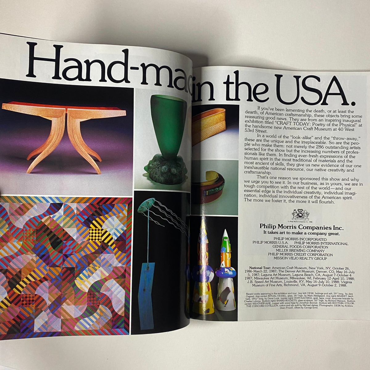 Connoisseur Magazine November 1986 showcasing 'Hand-made in the USA' featuring a collection of handcrafted furniture and decorative art pieces from the 1986 American Craft Museum exhibition.
