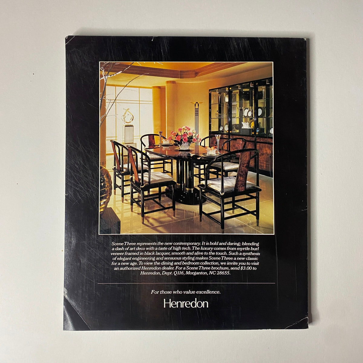 Connoisseur Magazine November 1986 advertisement for Henredon furniture featuring a luxurious dining room set in an elegant interior design, blending modern and traditional styles.