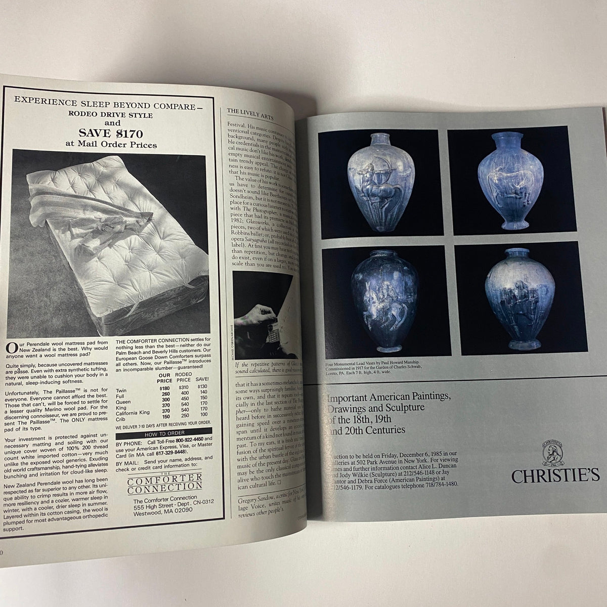Pages from Connoisseur Magazine December 1985 featuring advertisements and art pieces, highlighting the lively arts section.