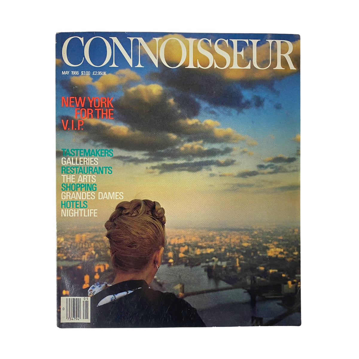 Cover of Connoisseur Magazine, May 1986, featuring 'New York for the V.I.P.' with a stunning scenic view over the city and a stylish woman looking towards the horizon. Includes highlights like Tastemakers, Restaurants, and Nightlife.