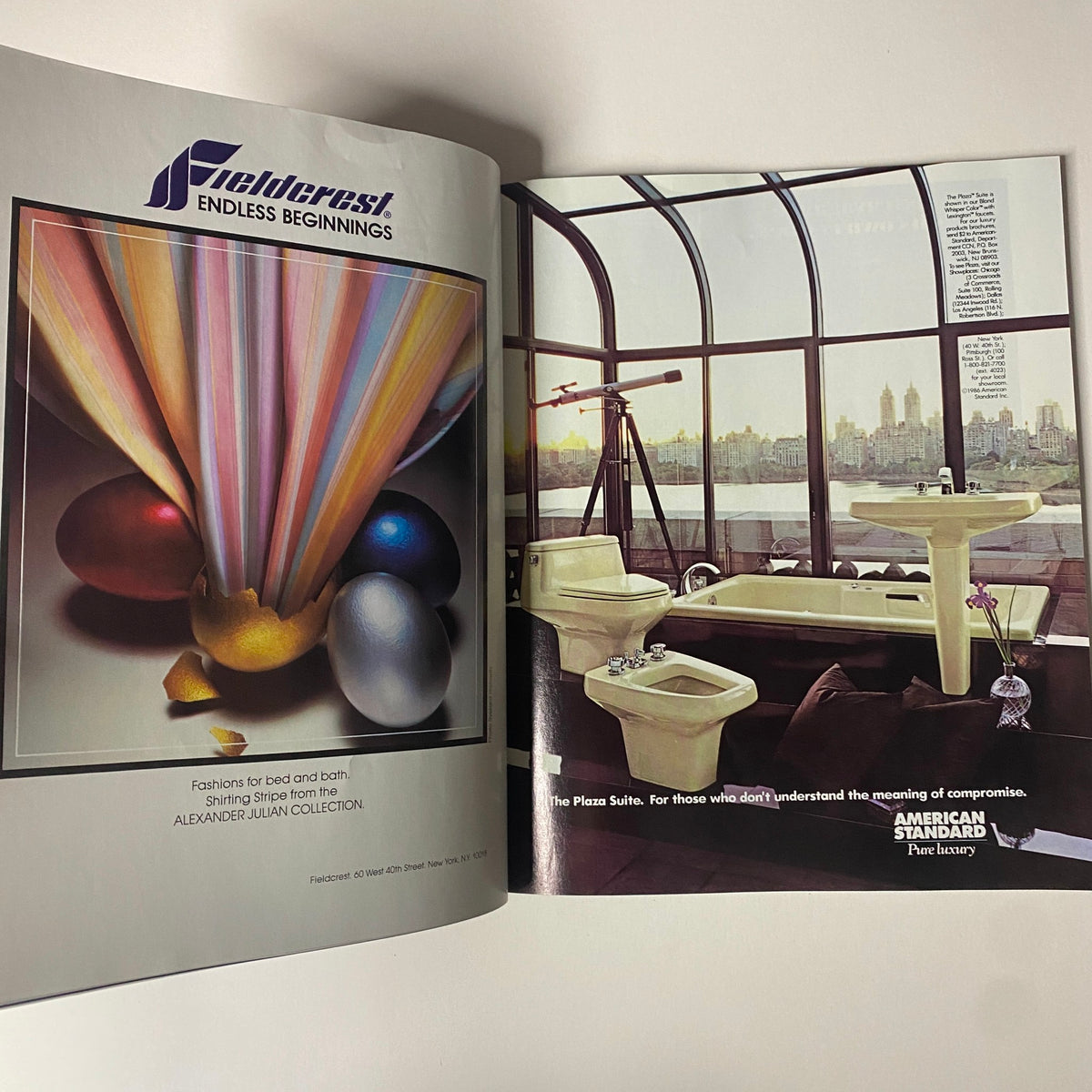 An interior page of Connoisseur Magazine, May 1986, displaying an advertisement for endless design possibilities, with vibrant colors and a view of luxury bathroom fixtures overlooking a cityscape.