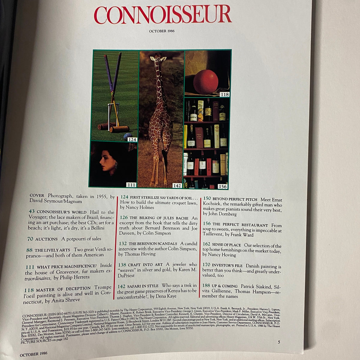 Connoisseur Magazine October 1986 featuring the cover showcasing 'The Berenson Scandals,' including diverse collage images such as a giraffe and various art pieces.