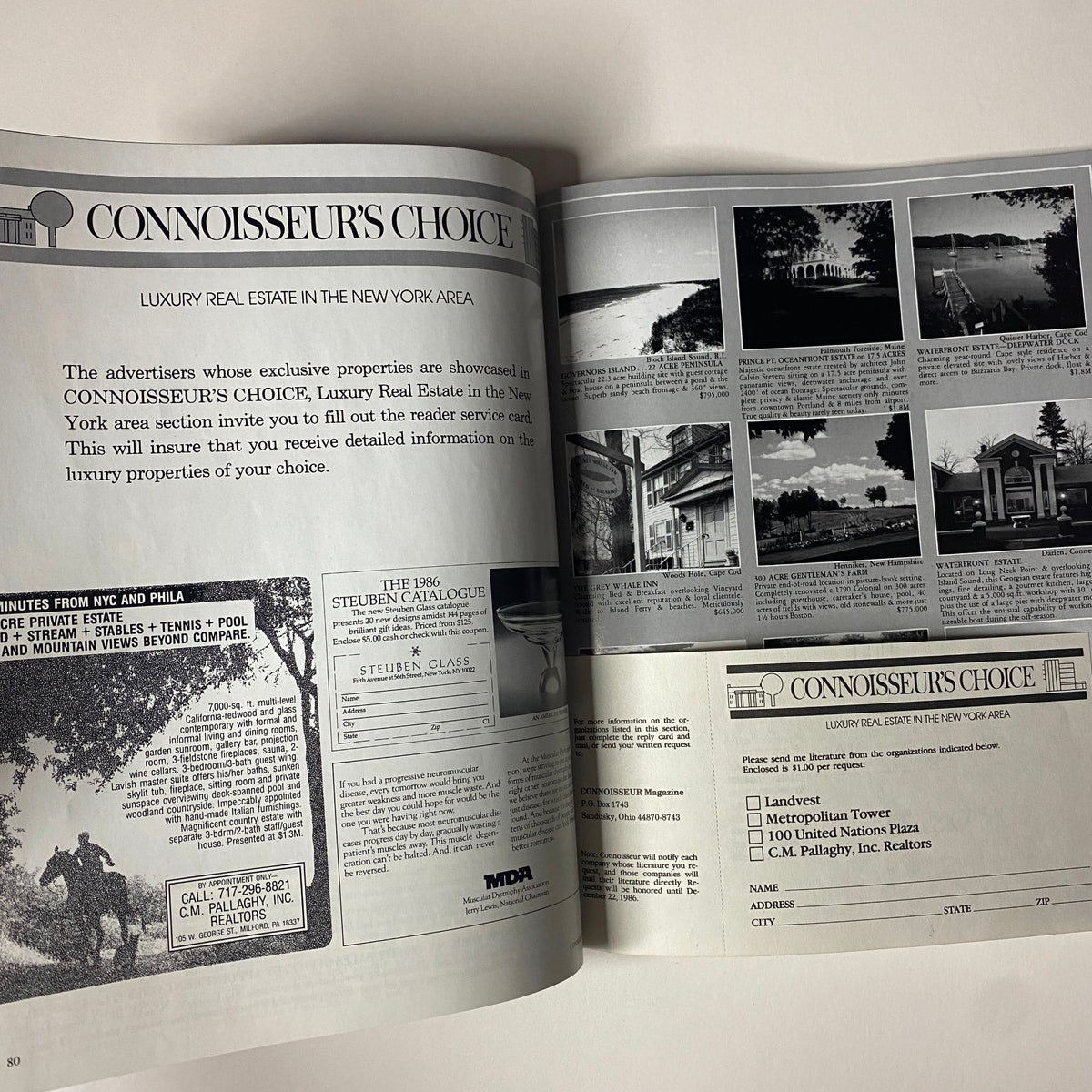 Connoisseur Magazine October 1986 displaying the 'Connoisseur's Choice' section focusing on luxury real estate in the New York area, highlighting exclusive properties and advertisements.