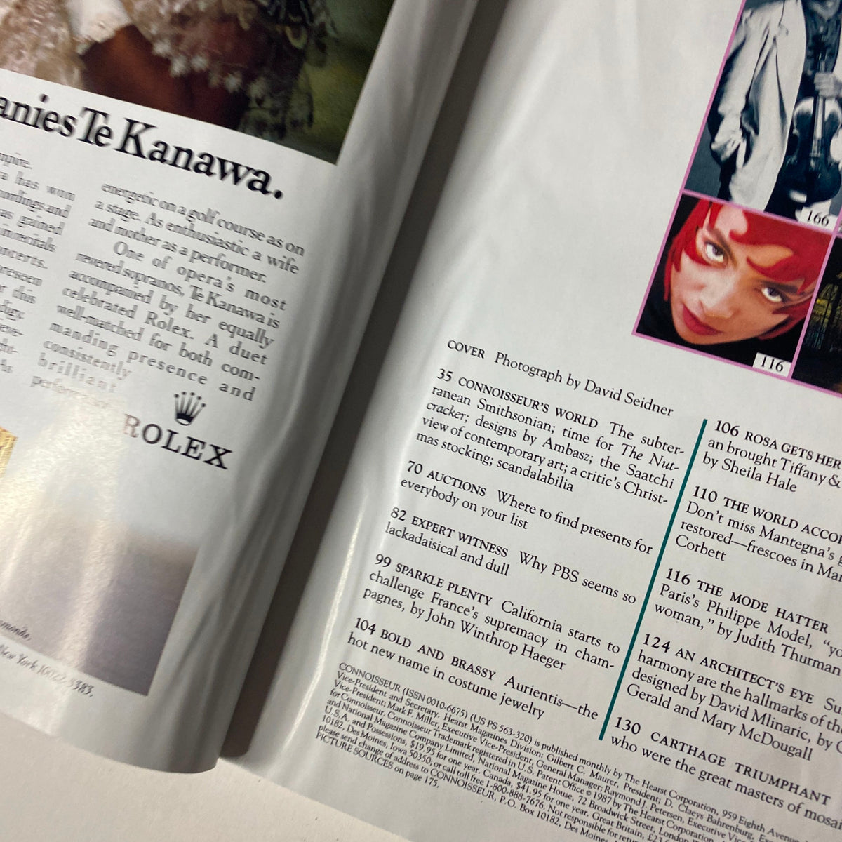 Close-up view of the table of contents in Connoisseur Magazine December 1987 highlighting articles such as 'Sparkle Plenty' and 'The Mode Hatter', emphasizing fashion and art.