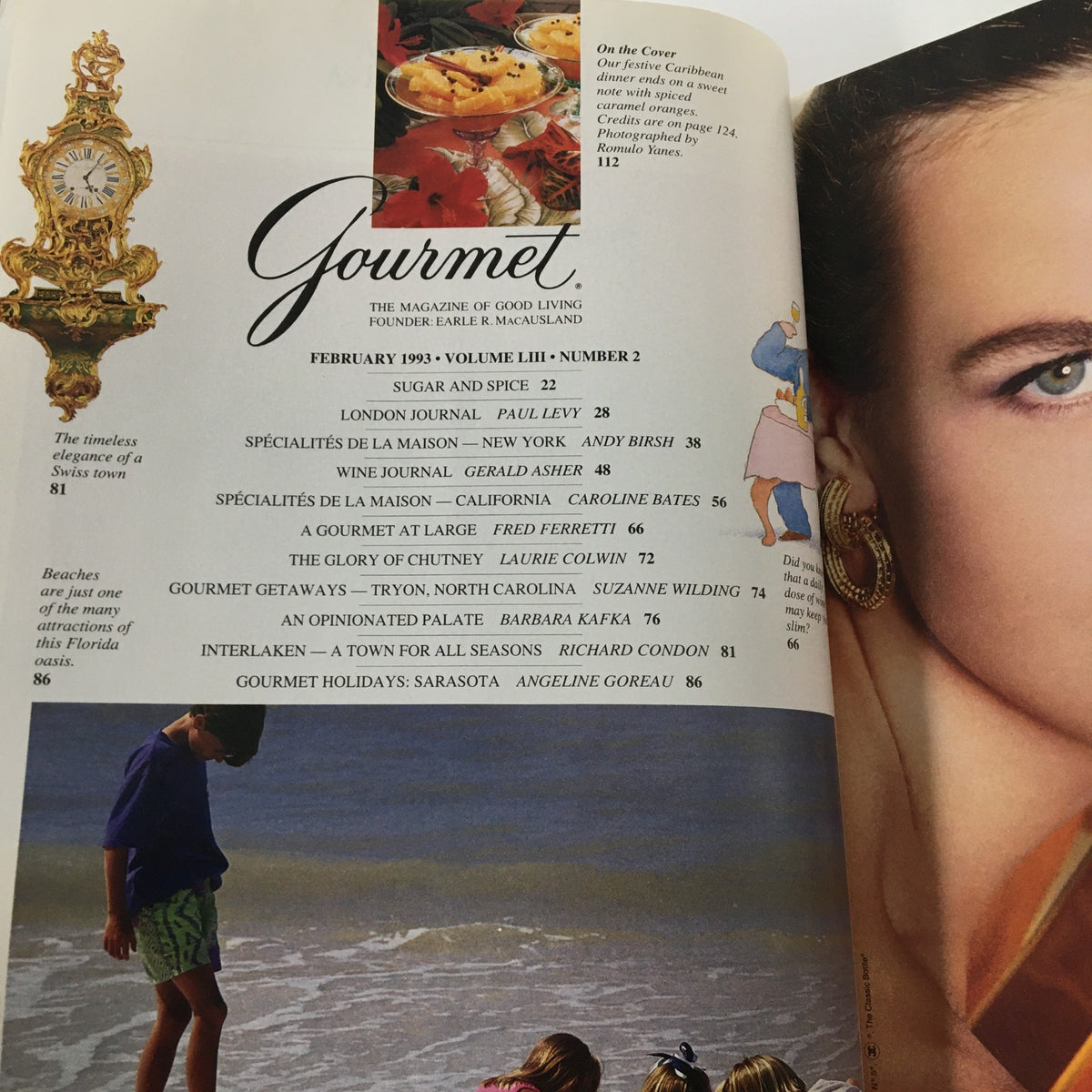 Cover page of Gourmet Magazine February 1993 featuring a focus on Festive Caribbean Dinner, including articles and recipes, reflecting culinary trends of the early 90s.