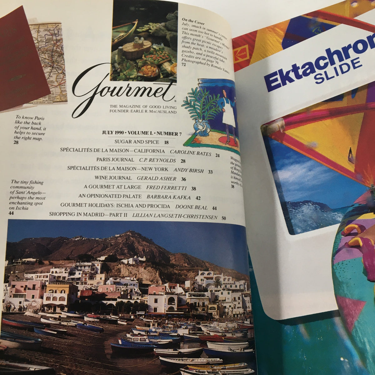 Interior page of Gourmet Magazine July 1990, featuring the table of contents. The design highlights various culinary articles and recipes focusing on summer dining.