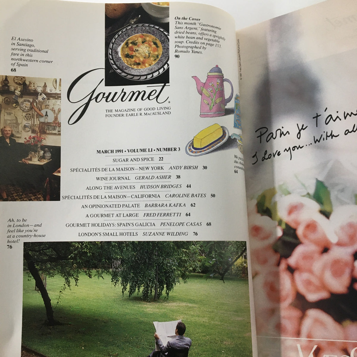 Inside spread of Gourmet Magazine March 1991 displaying the table of contents including articles on culinary trends and the focus on dried beans.