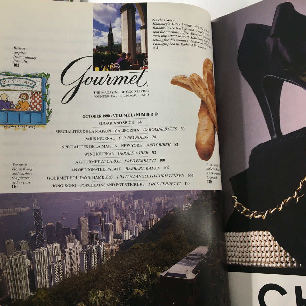 Interior page of Gourmet Magazine October 1990 displaying the contents list with highlights including articles and recipes, alongside a visual of Hamburg's Alster Arcade.
