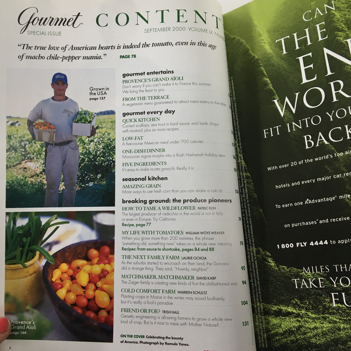 Interior page of Gourmet Magazine September 2000 showing the table of contents, focusing on articles related to American agriculture and gourmet recipes, emphasizing the theme of 'Celebrating The Bounty of America.'