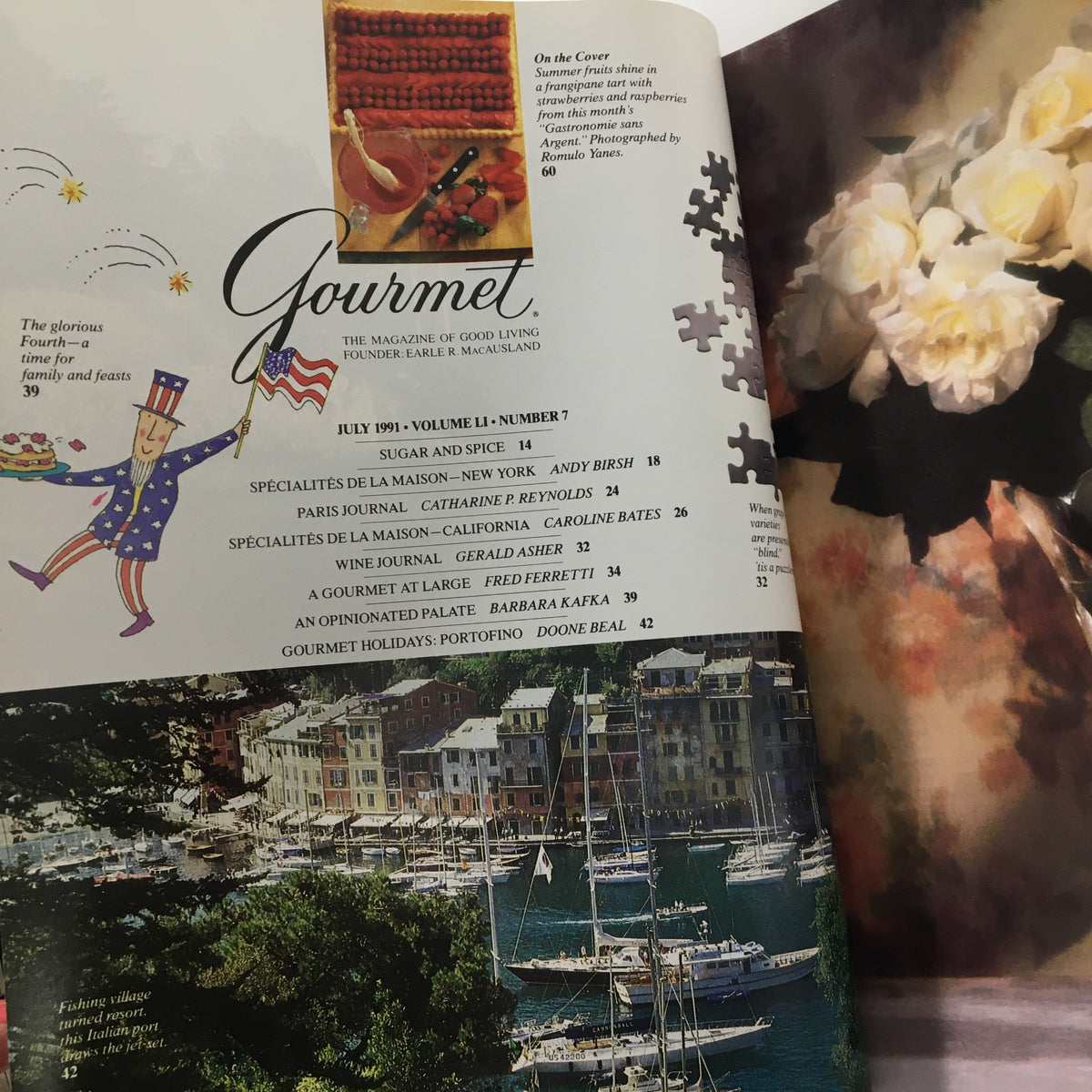 Inside spread of Gourmet Magazine July 1991, showcasing the table of contents with whimsical graphics and illustrations, highlighting articles and recipes, including the focus on summer fruits.