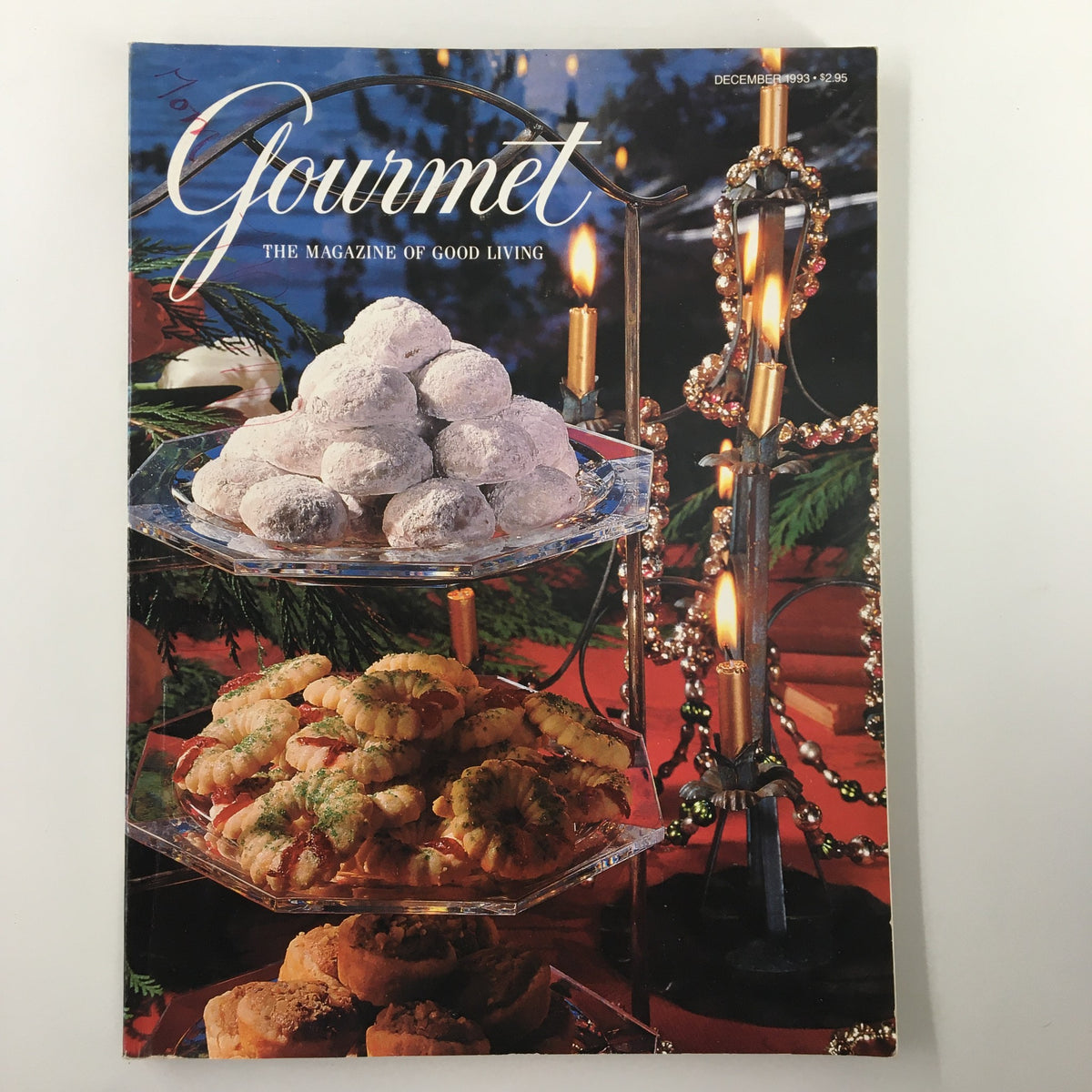 Cover of Gourmet Magazine December 1993 featuring Mocha Pecan Balls on an elegant display with festive holiday decorations. Perfect for collectors and culinary enthusiasts.
