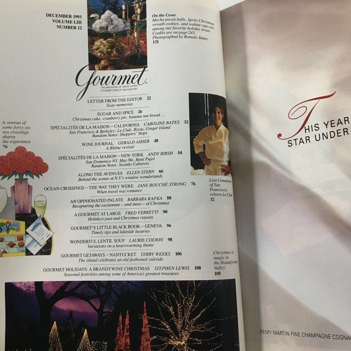 Interior page of Gourmet Magazine December 1993 showcasing articles and features alongside the Mocha Pecan Balls recipe, reflecting the magazine's charm and culinary creativity.