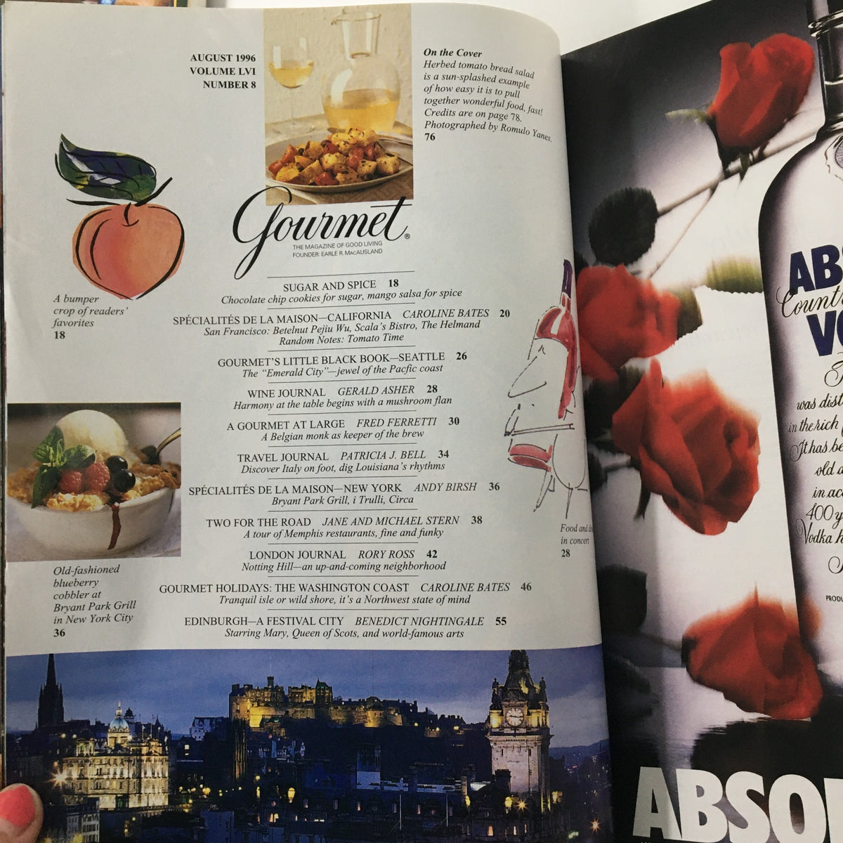 Inside page of Gourmet Magazine August 1996, detailing content with a focus on Tomato Bread Salad with Herbs recipe.