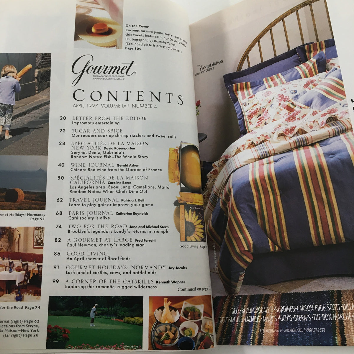 Gourmet Magazine April 1997 Coconut Caramel Panna Cotta Chic Sweets No Label, featuring the contents page with articles on entertaining, recipes, and travel.