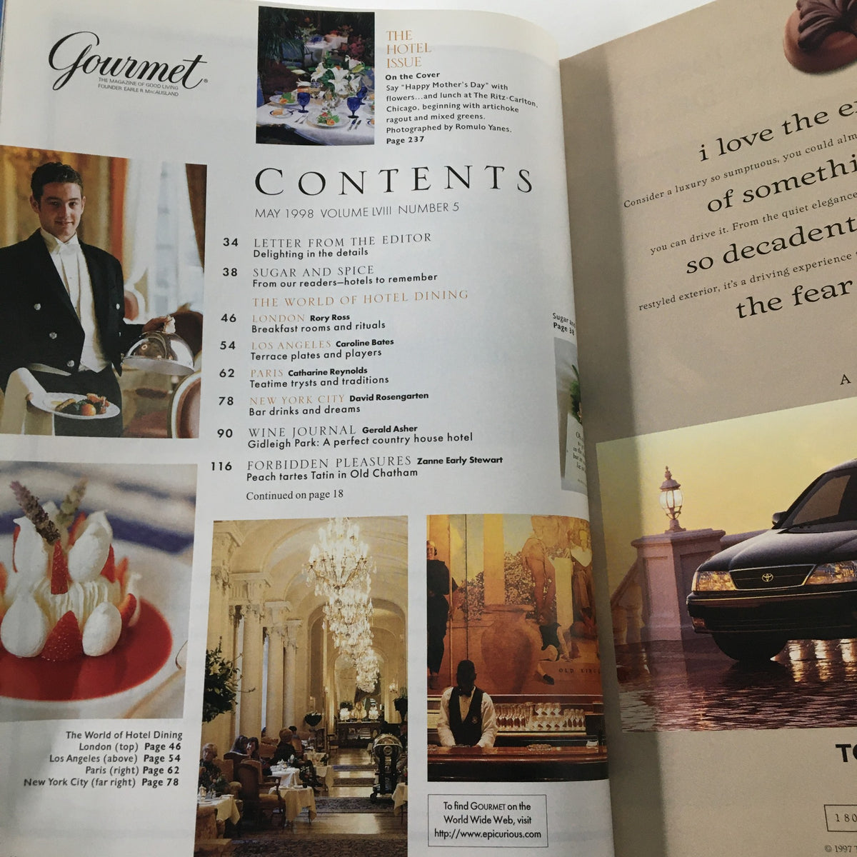 Contents page of Gourmet Magazine May 1998, illustrating various articles including hotel dining experiences and culinary delights, set in an upscale hotel context.