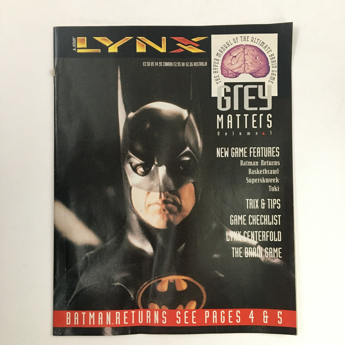 Cover of the Atari Lynx Magazine 1992 Grey Matters Vol 3 featuring Batman Returns. The magazine highlights new game features and includes a striking image of Batman.