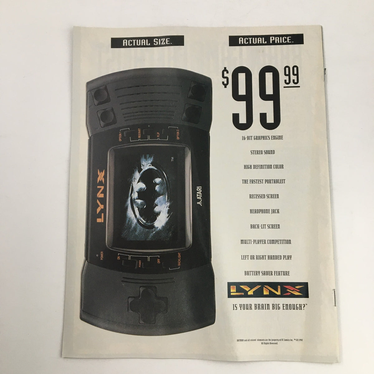 Atari Lynx Magazine 1992 Grey Matters Vol 3 Batman Returns advertisement showcasing the Atari Lynx handheld console with specifications, price of $99.99, and features such as 16-bit graphics and stereo sound.