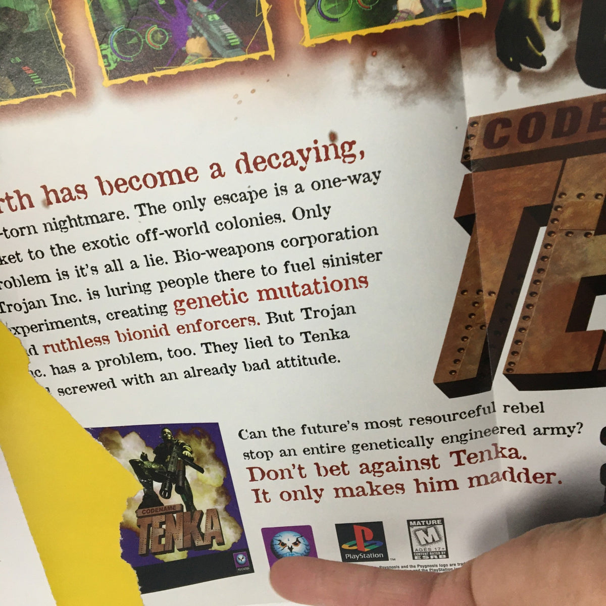 Close-up of an article from Next Generation Magazine May 1997 discussing the game 'Codename: Tenka', featuring graphic elements and text about genetic mutations and a rebel character.