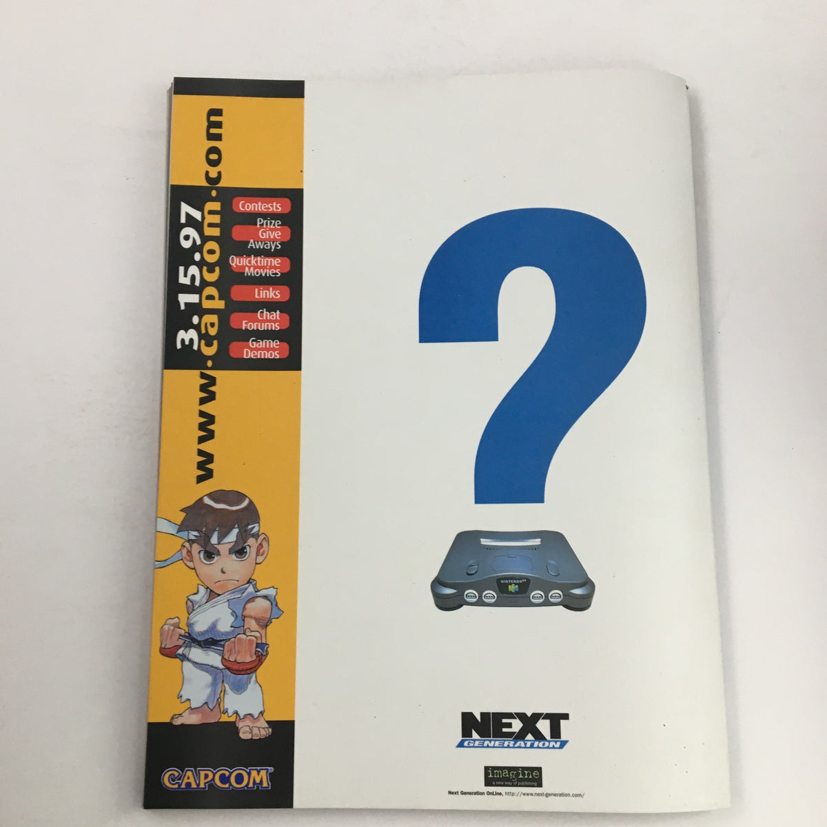 Back cover of Next Generation Magazine May 1997, featuring a promotional layout with Capcom branding, a '?' sign, and a character illustration, hinting at upcoming games and online content.