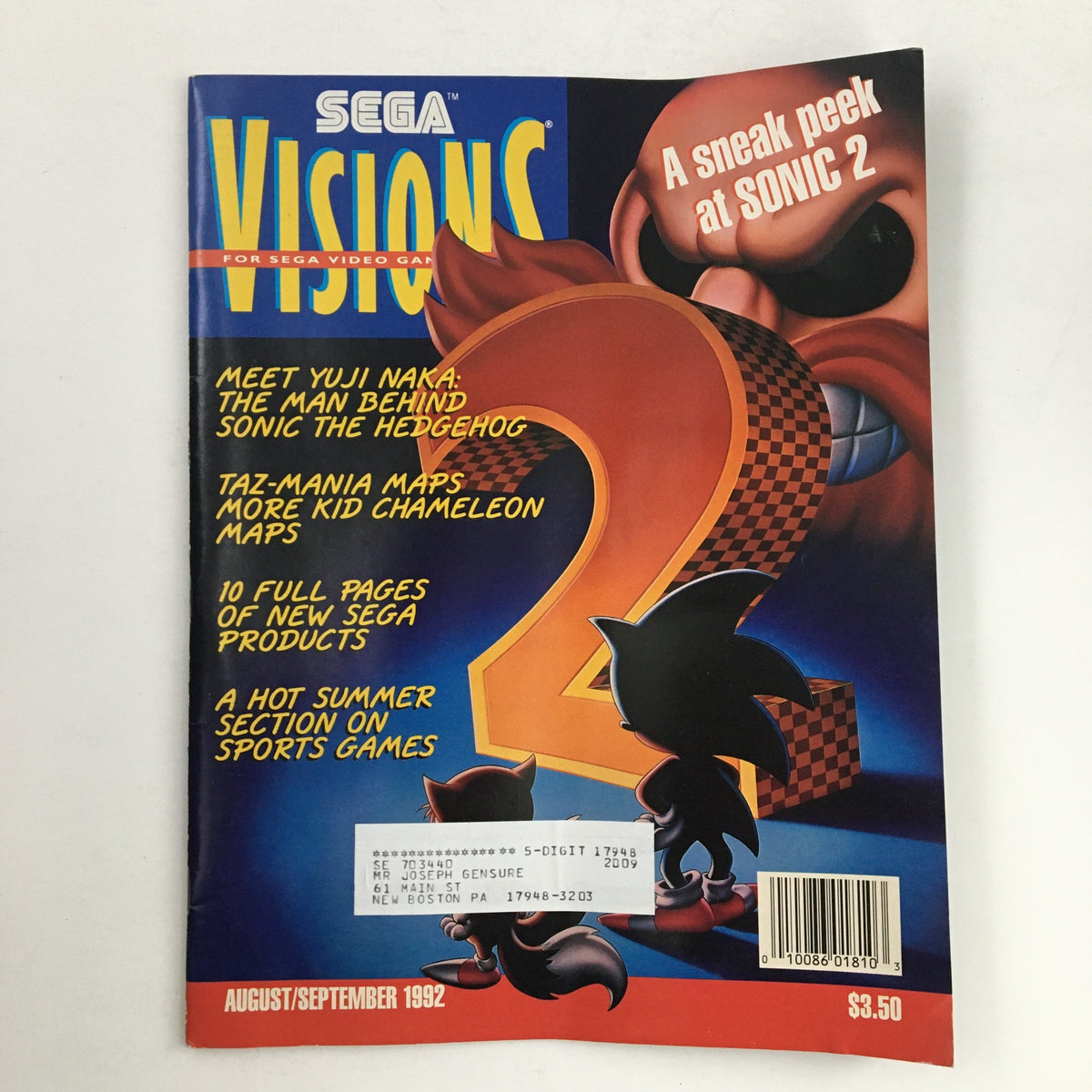 Cover of Sega Visions Magazine August 1992 featuring Sonic 2 and Taz-Mania, highlighting articles and maps from early 90s gaming culture.