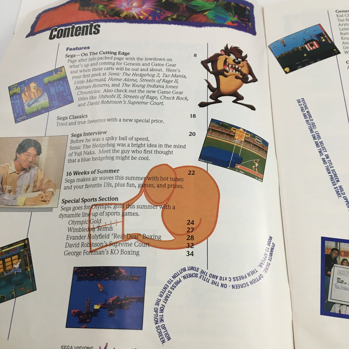 Contents page from Sega Visions Magazine August 1992, detailing featured articles, including Sonic the Hedgehog and Taz-Mania maps.