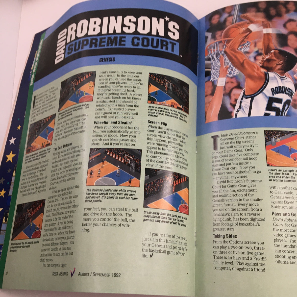 Sega Visions Magazine August 1992 featuring article on David Robinson's Supreme Court game with basketball strategy tips and gameplay graphics.