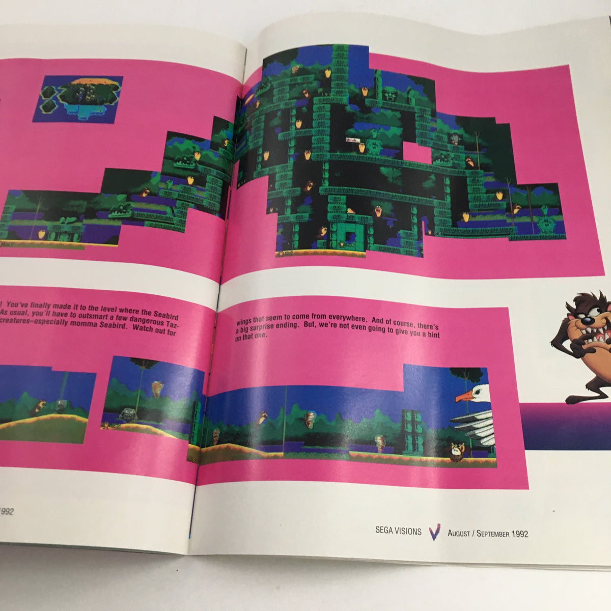 Sega Visions Magazine August 1992 showcasing gameplay map and level design for Taz-Mania, highlighting character interactions and obstacles.