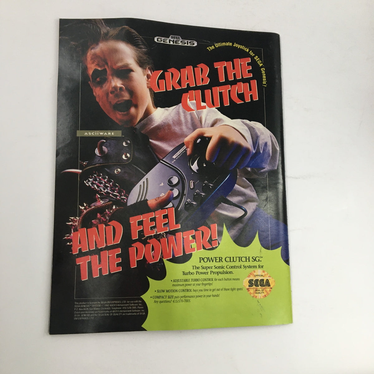 Sega Visions Magazine August 1992 advertisement for Power Clutch SG joystick, emphasizing its features for Sega Genesis gaming.