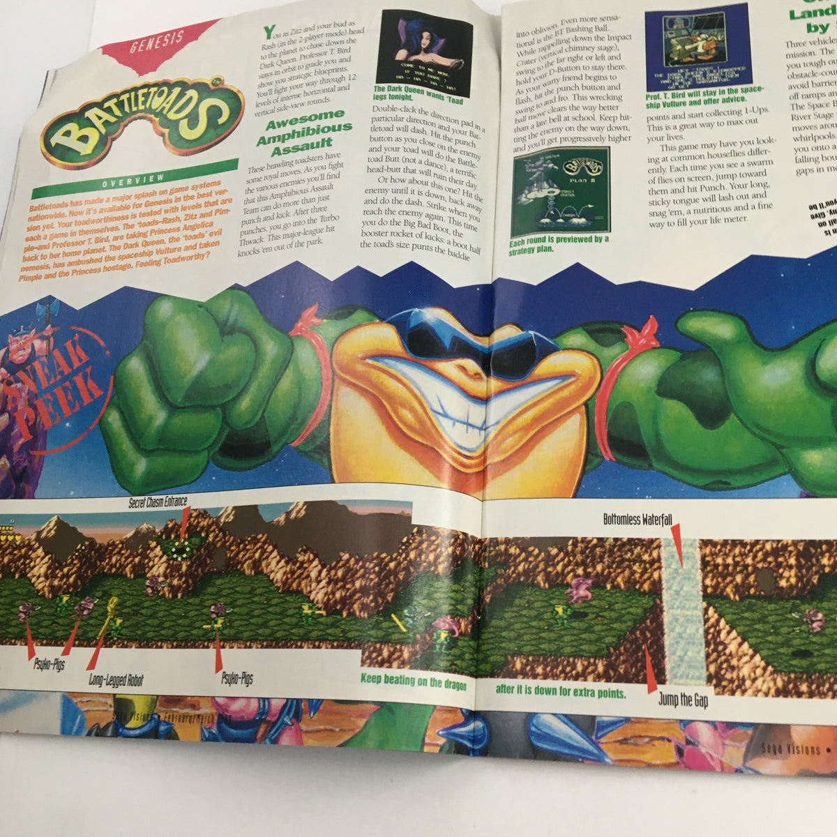 Sega Visions Magazine February 1993 featuring a spread on the video game Battletoads, showcasing vibrant artwork and game strategies.