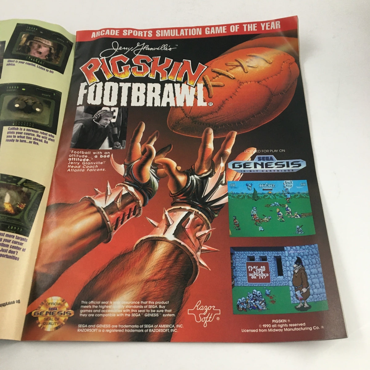 Sega Visions Magazine February 1993 highlighting Jerry Glanville's Pigskin Footbrawl, presenting its cover and gameplay screenshots.
