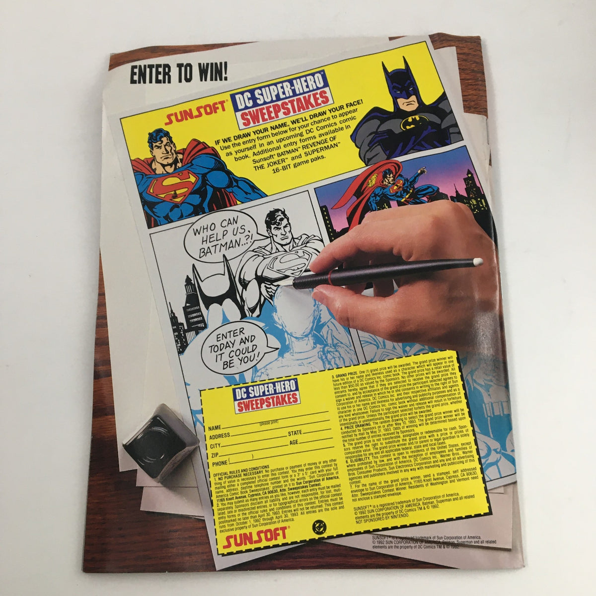 Sega Visions Magazine February 1993 advertisement for DC Super-Hero Sweepstakes, featuring popular superheroes and entry details.