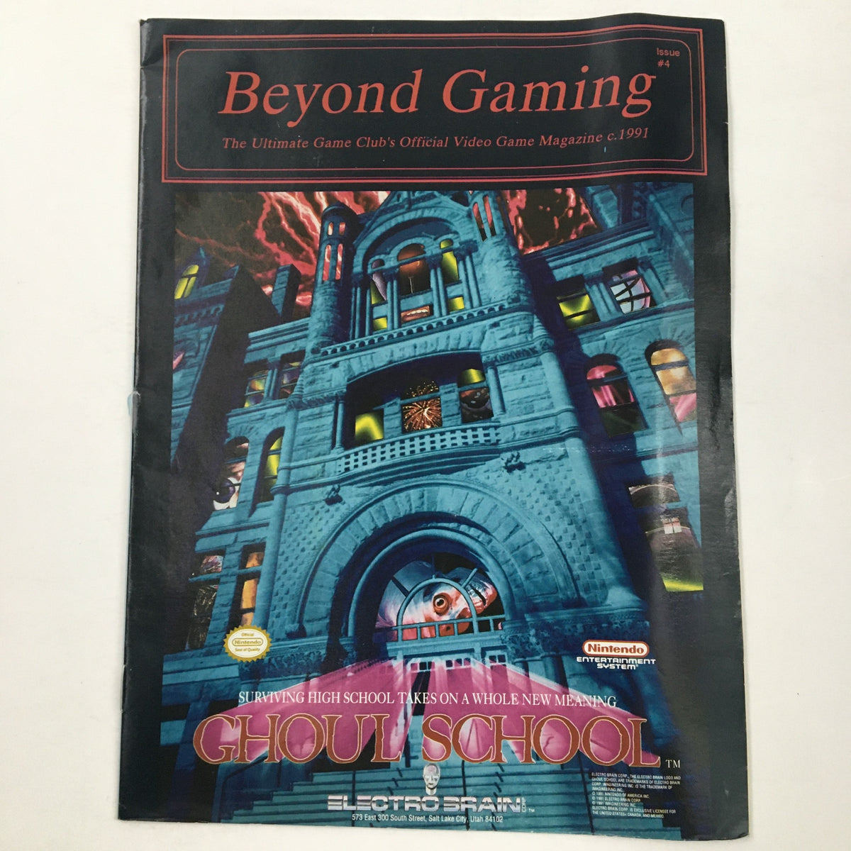 Cover of Beyond Gaming Magazine #4 from 1991 featuring Ghoul School, showcasing vibrant artwork of a high school building with a spooky theme, published by Original Magazines.