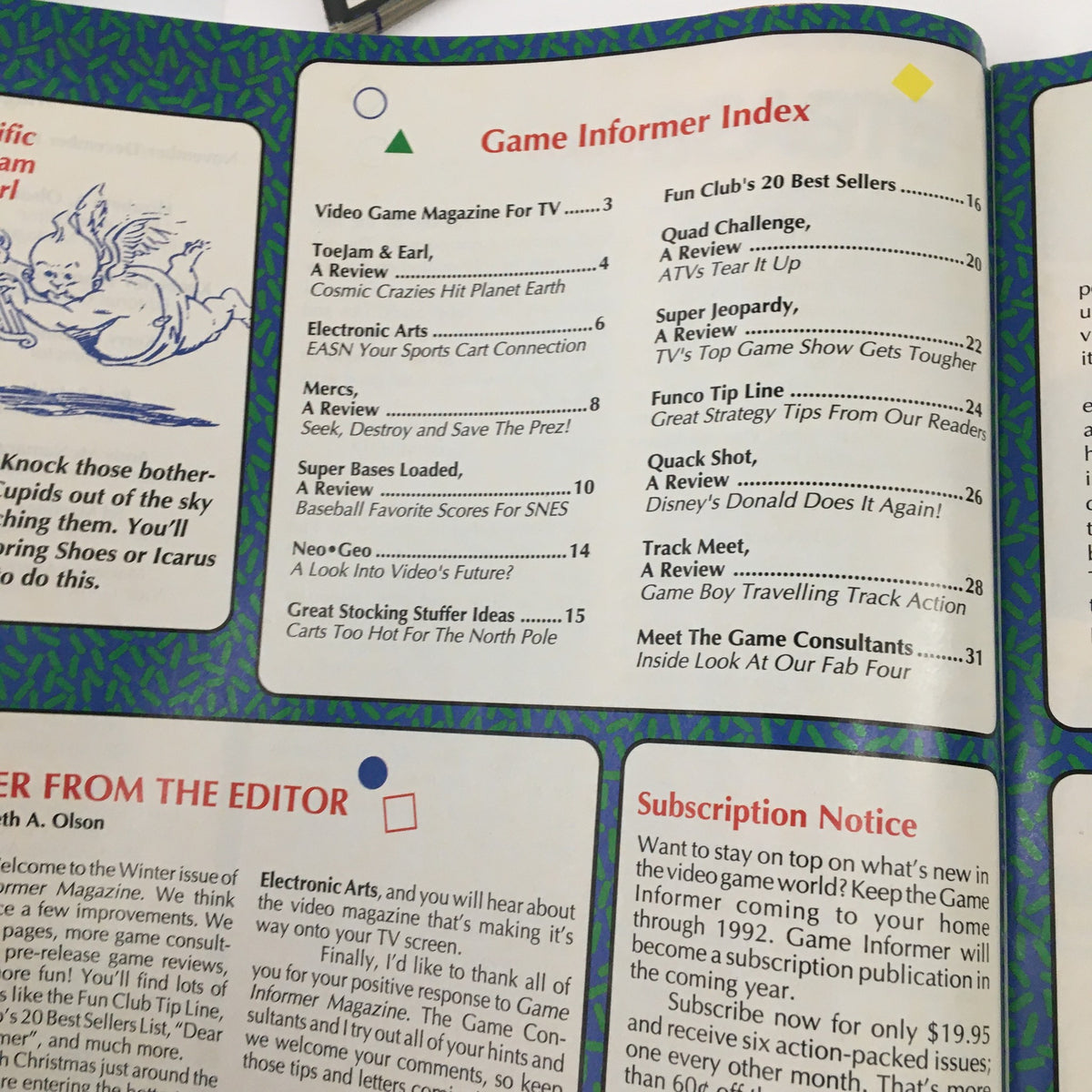 Game Informer Magazine November 1991 SEGA's ToeJam & Earl Strategy Tips & Review featuring the magazine's index page showcasing the content list and reviews, reflecting the vintage gaming culture of the early 90s.