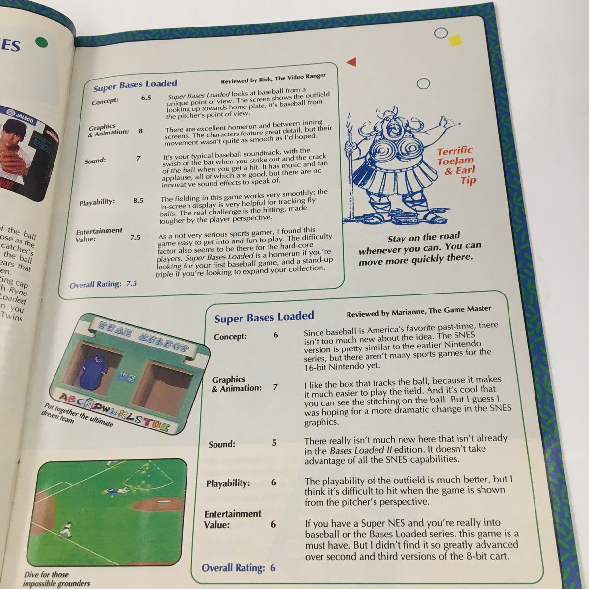 Game Informer Magazine November 1991 SEGA's ToeJam & Earl Strategy Tips & Review - pages showcasing a review of Super Bases Loaded with gameplay statistics and tips.