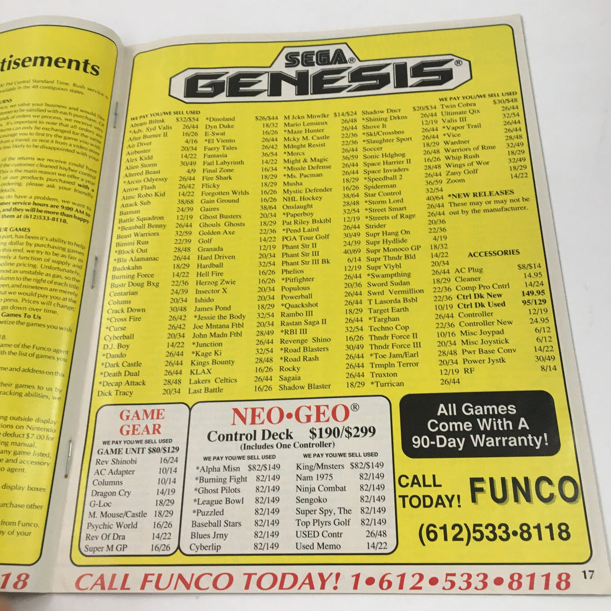 Game Informer Magazine November 1991 SEGA's ToeJam & Earl Strategy Tips & Review - advertisement page listing SEGA Genesis games and accessories from the magazine.