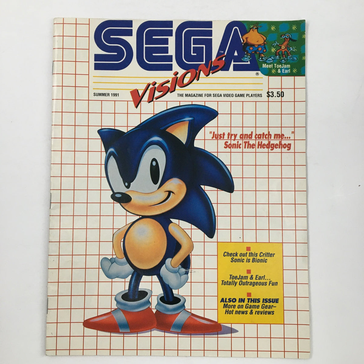 Cover of SEGA Visions Magazine Summer 1991 featuring Sonic The Hedgehog, promoting ToeJam and Earl with vibrant graphics.