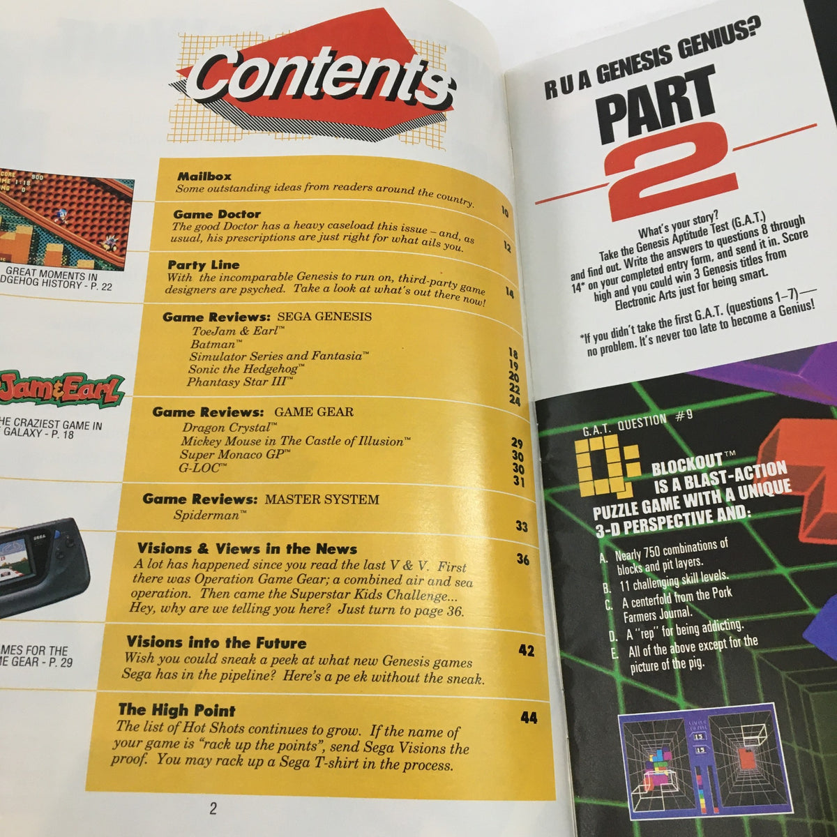 Contents page of SEGA Visions Magazine Summer 1991 listing articles and game reviews including Sonic The Hedgehog and ToeJam and Earl.