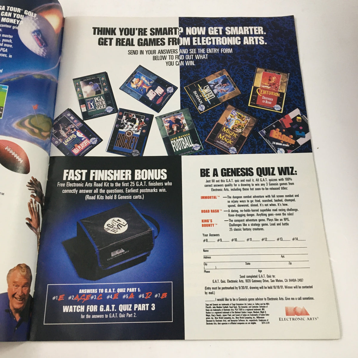 Advertisement page from SEGA Visions Magazine Summer 1991 showcasing Electronic Arts games and a quiz entry for readers.