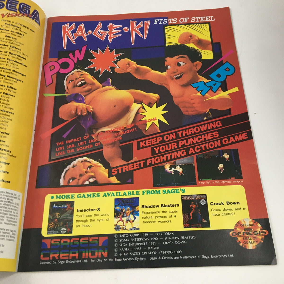 Page from SEGA Visions Magazine Summer 1991 showcasing KAGE KI: Fists of Steel game with vibrant graphics and promotional text highlighting gameplay.